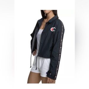 Champion Womens Cropped Coaches Jacket Size Small Black Logo Striped Sleeve